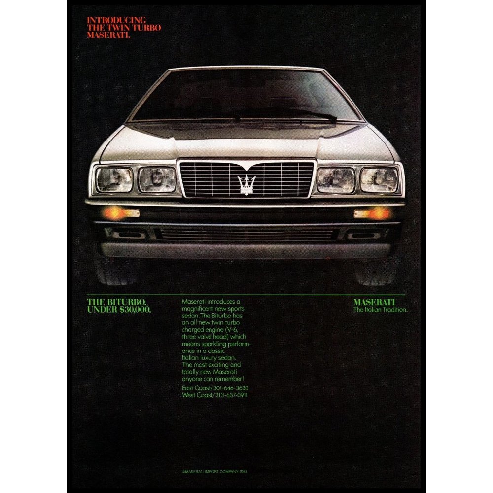 1984 Maserati Biturbo Italian Sports Sedan Vintage Print Ad Crown Emblem Photo